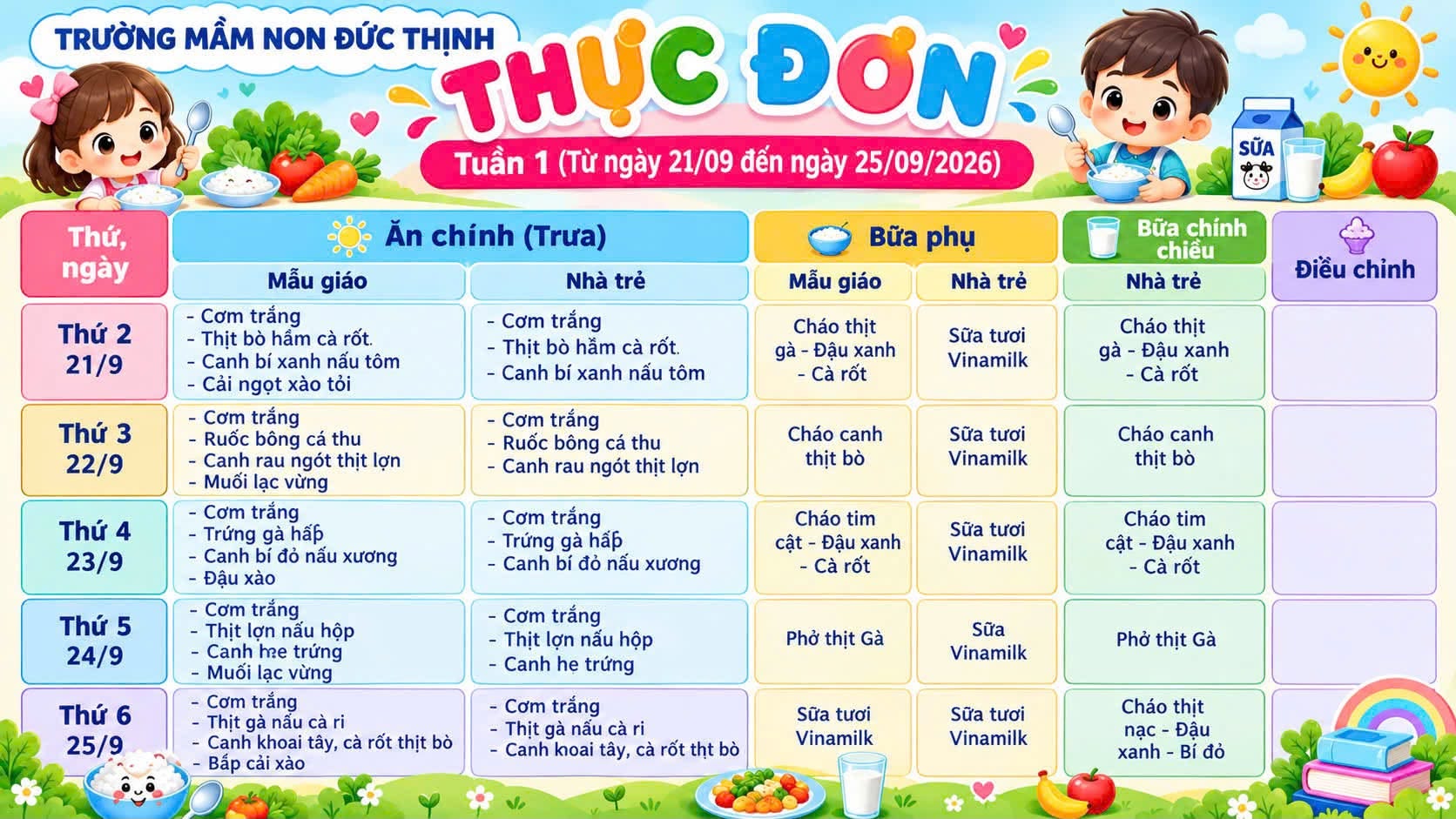 THỰC ĐƠN TUẦN I CỦA TRẺ (TỪ NGÀY 21/09 - 25/09/2026)